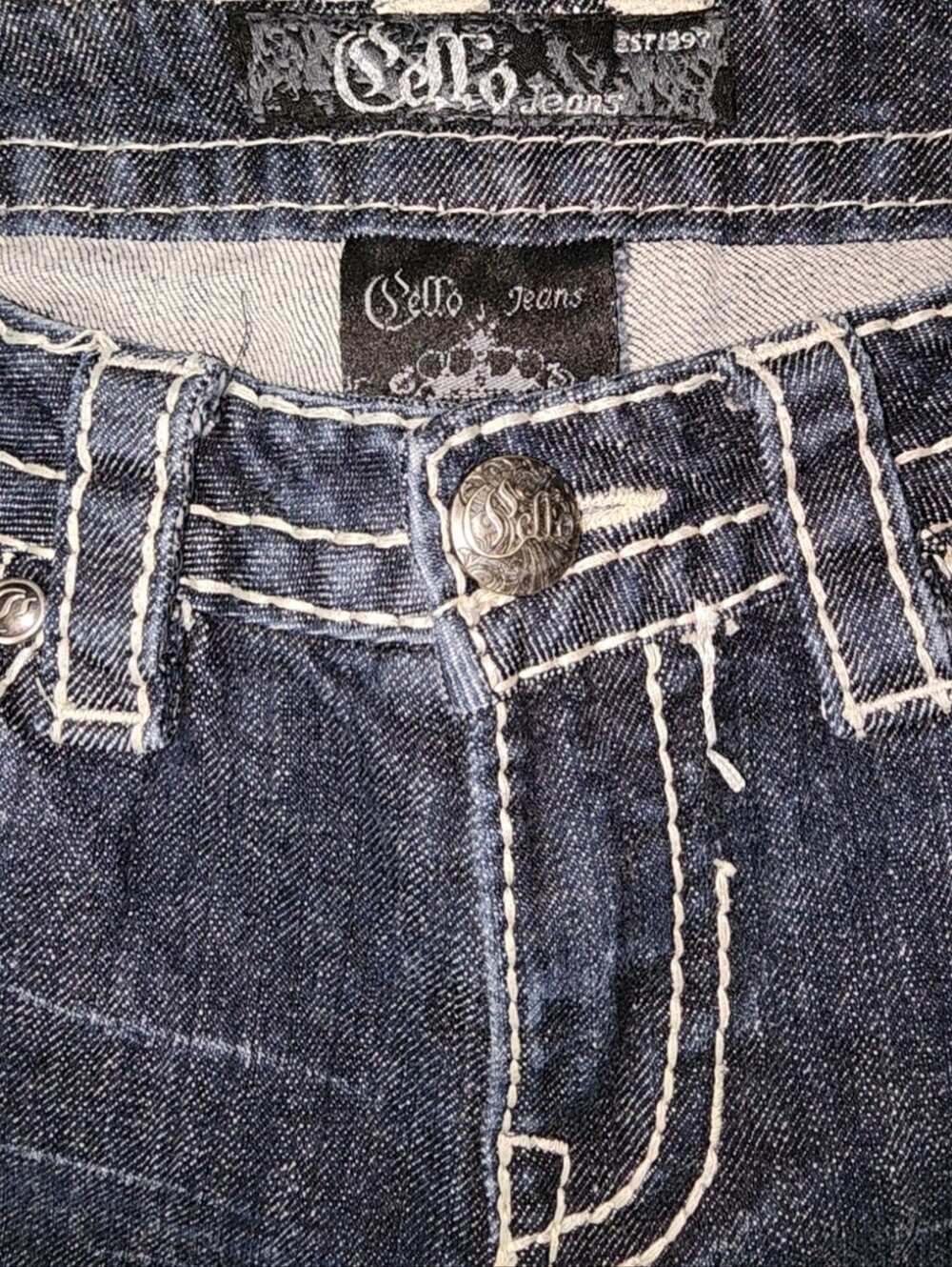 CELLO Size 5 Bling Pocket Bootcut Flare Jeans Contrast Stitch 28x31 Low Rise - Picture 5 of 8
